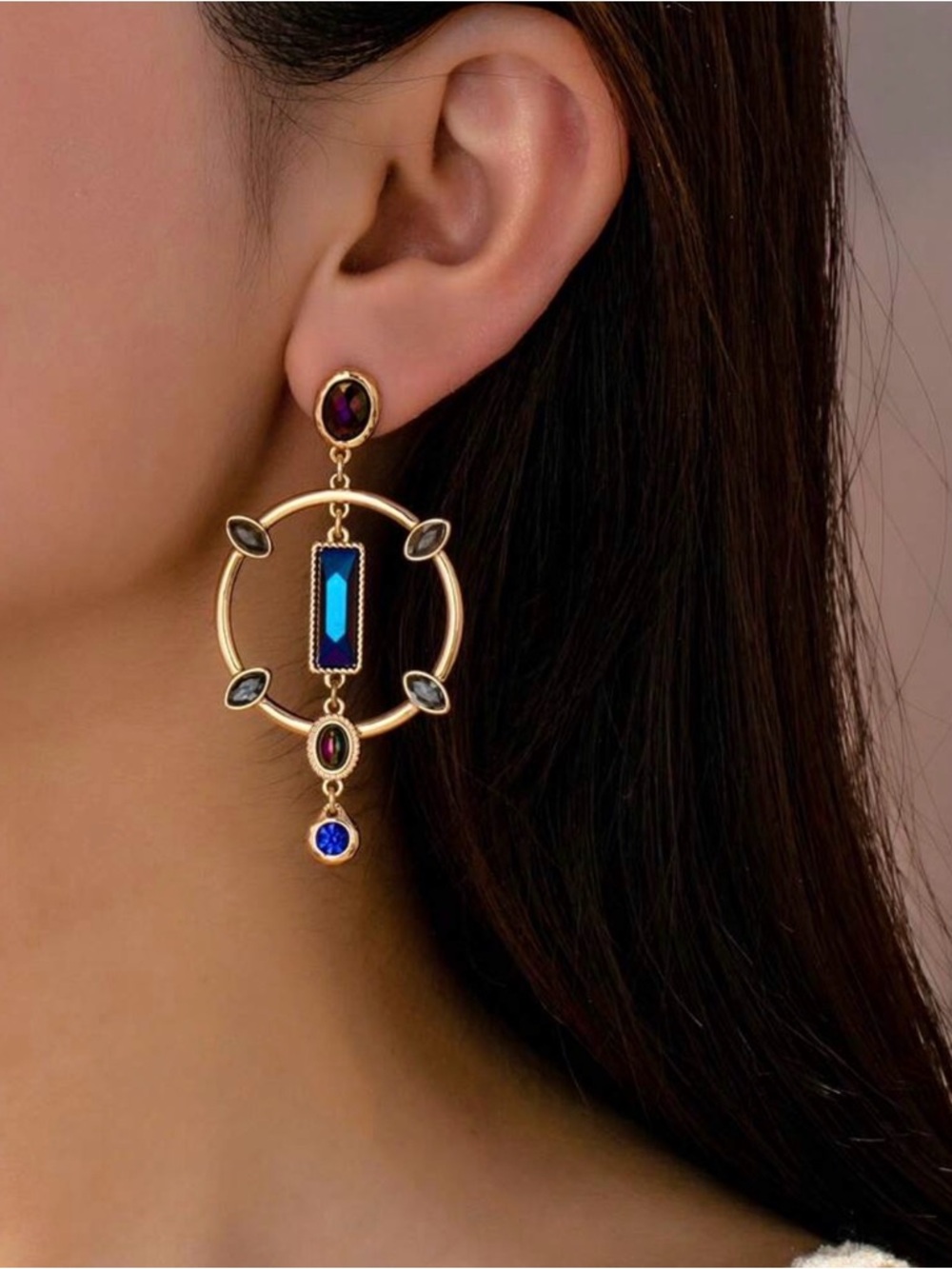 Gold-Tone Blue Gem Hoop Drop Earrings